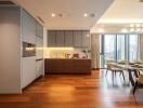 Modern kitchen and dining area with city view