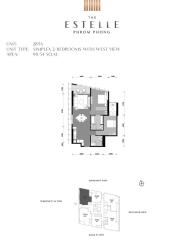 Architectural floor plan of a 2-bedroom unit with west view