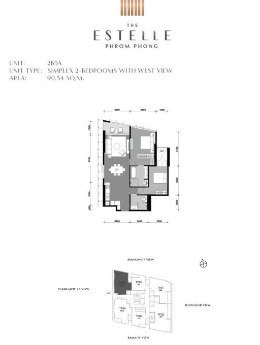 Architectural floor plan of a 2-bedroom unit with west view