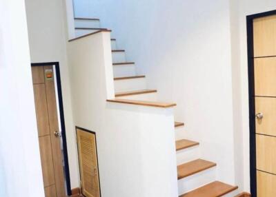 Modern staircase in a residential building with wooden steps and white walls