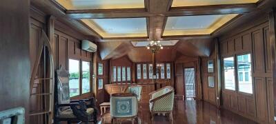 Elegant wooden interior design of a spacious living room