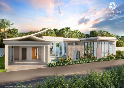 Modern single-story villa with landscaped garden and sunset sky