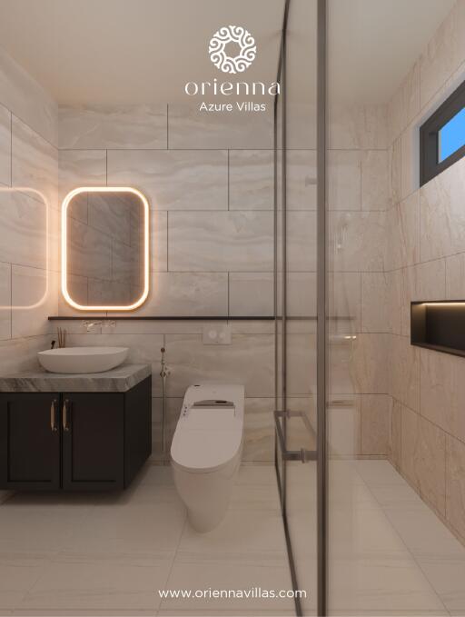 Modern bathroom interior with elegant fixtures and ambient lighting