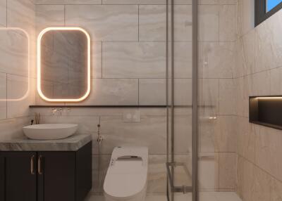 Modern bathroom interior with elegant fixtures and ambient lighting