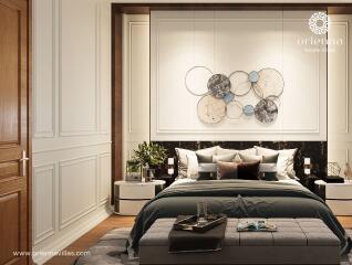 Elegant and modern bedroom interior with art decoration