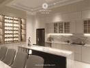 Modern kitchen interior with marble countertops and elegant cabinetry in a luxury villa