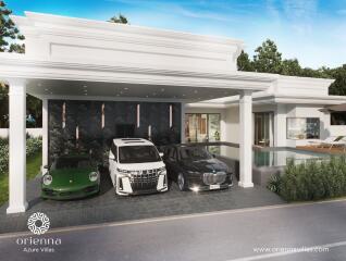 Luxurious villa exterior with a driveway and three high-end vehicles