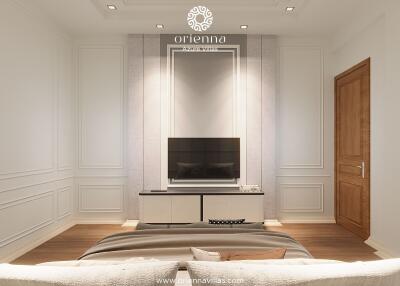 Elegant minimalist living room with recessed lighting and flat-screen TV