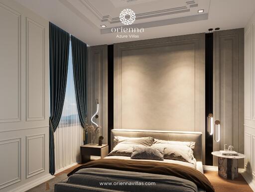 Elegant bedroom interior with a comfortable double bed and stylish decor