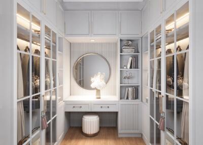 Elegant walk-in closet with built-in wardrobes and a central dressing bench