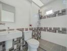 Modern bathroom with tiled walls and floor