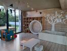 Spacious playroom with wooden elements and an indoor play structure