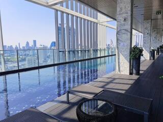 Modern balcony with infinity pool overlooking a city skyline