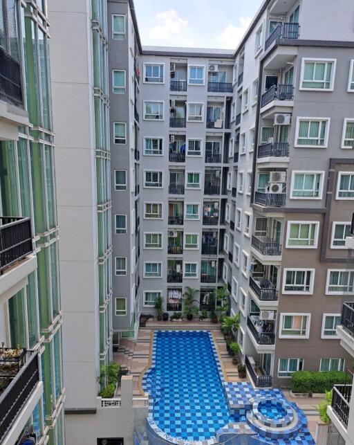 Apartment building courtyard with swimming pool