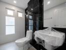 Modern bathroom interior with wrapped toilet in a new house