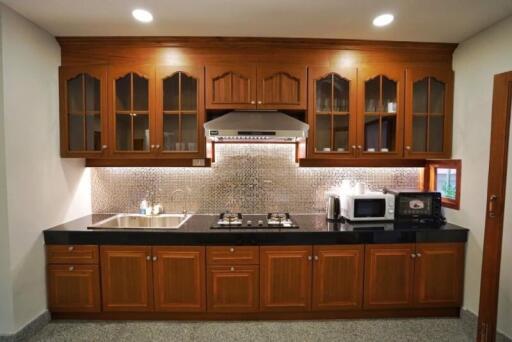Modern kitchen interior with wooden cabinets and granite countertop