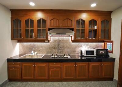 Modern kitchen interior with wooden cabinets and granite countertop