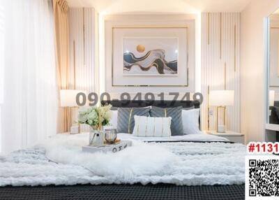Modern bedroom interior with elegant decor and artwork