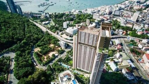 Aerial view of a high-rise residential building in an urban area