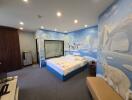 Spacious bedroom with polar bear wall mural and modern amenities