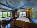 Spacious Bedroom with Artistic Ceiling and Scenic Wall Murals