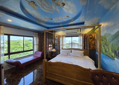Spacious Bedroom with Artistic Ceiling and Scenic Wall Murals