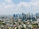 Aerial view of a dense urban cityscape with high-rise buildings under a clear sky