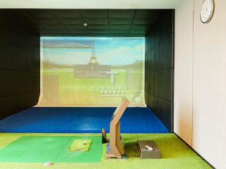 Indoor golf simulator setup in a modern entertainment room