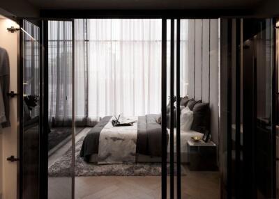 Modern bedroom interior with glass doors and elegant decor