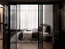 Modern bedroom interior with glass doors and elegant decor