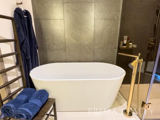 Modern bathroom with freestanding tub and elegant gold fixtures