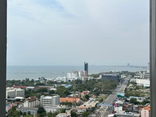 Scenic aerial cityscape with ocean view from a high-rise building