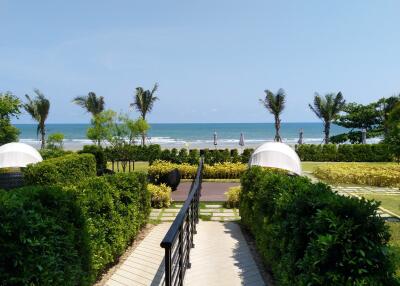 Oceanfront view with green lawn and path leading to the beach