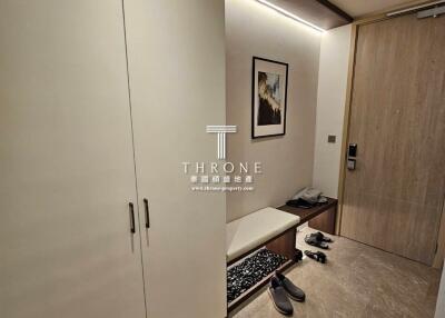Modern bedroom interior with closet and decor