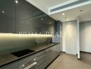 Modern kitchen with black cabinets and integrated appliances