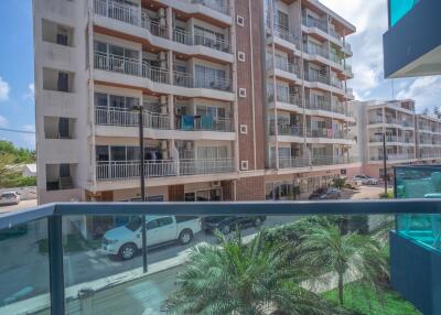 Apartment building exterior with balcony views