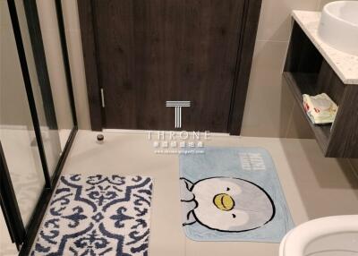 Modern bathroom interior with patterned rugs and wooden door