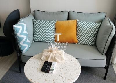 Cozy living room with a comfortable grey sofa and decorative pillows