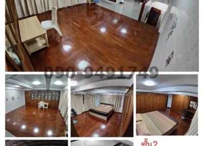 Collage of various interior views including living room, dining area, bedroom, and staircase