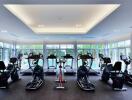 Modern home gym with cardiovascular equipment and large windows