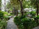 Lush green outdoor common area with walkway in a residential complex