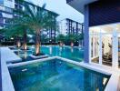 Luxurious apartment complex with swimming pool and gym