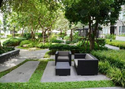 Peaceful garden seating area with lush greenery outside a building