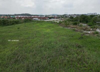 Expansive empty lot with overgrown grass under cloudy skies