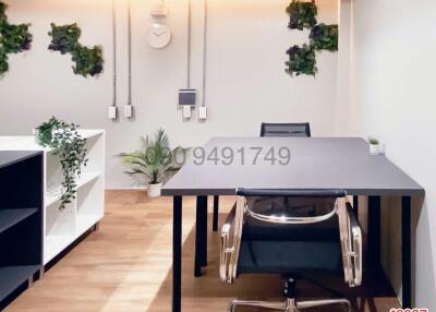 Modern home office with minimalist furniture and wall-mounted plants
