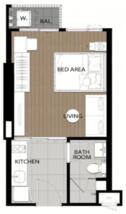 Detailed floor plan of a modern apartment including layout of bedroom, living area, kitchen, and bathroom