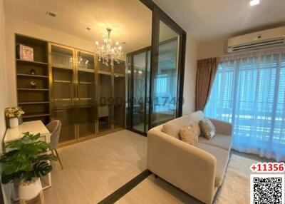 Elegant living room with modern furniture and built-in shelves