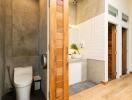 Modern bathroom with a mix of concrete and wooden textures
