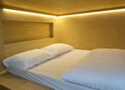 Modern bedroom with a large bed and ambient lighting