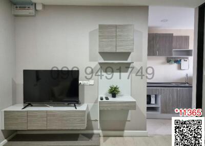 Modern living room with a flat-screen TV and kitchenette